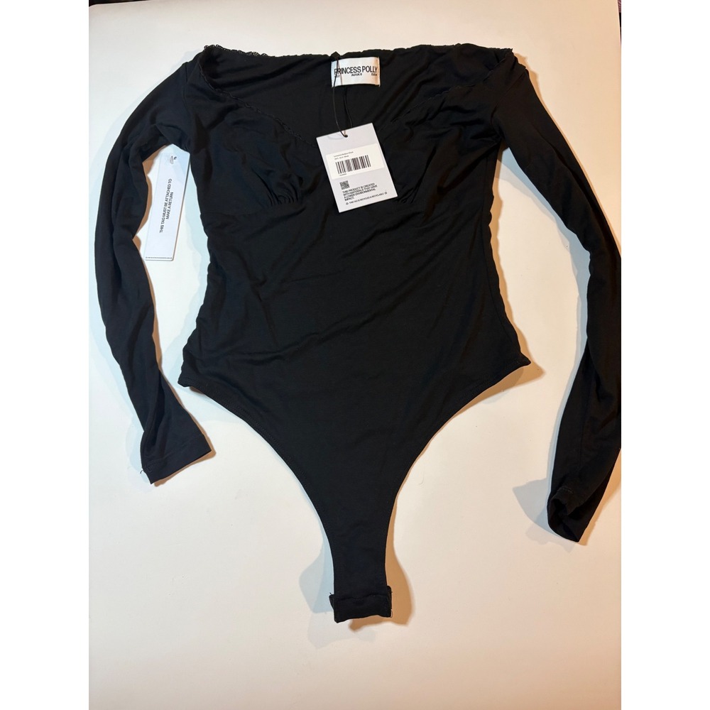 Princess Polly Black Long Sleeve Bodysuit Ruched Sweetheart Clubwear Size 2 NWT